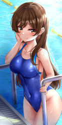 Rule 34 | 1girl, absurdres, blue one-piece swimsuit, blush, breasts, brown eyes, brown hair, closed mouth, collarbone, commentary request, competition swimsuit, covered navel, furong (furong 0), highleg, highleg swimsuit, highres, idolmaster, idolmaster cinderella girls, idolmaster cinderella girls starlight stage, large breasts, long hair, nitta minami, one-piece swimsuit, pool, smile, solo, swimsuit, water, wet