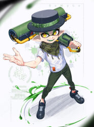 Rule 34 | 1boy, artist name, black footwear, black hat, carbon roller (splatoon), commentary, commission, green pants, green shawl, hat, highres, inkling, inkling boy, inkling player character, jinkobanana, nintendo, open mouth, paint, paint roller, pants, sample watermark, shirt, shoes, smile, solo, splatoon (series), symbol-only commentary, teeth, watermark, white background, white shirt, yellow eyes
