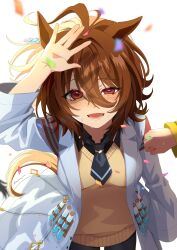Rule 34 | 3girls, agnes tachyon (umamusume), ahoge, animal ears, arm up, black necktie, black shirt, brown hair, chemical structure, clenched hand, coat, collared shirt, commentary request, confetti, earrings, emil1030 blue, hair between eyes, highres, horse ears, horse girl, jewelry, jungle pocket (umamusume), lab coat, long sleeves, looking at viewer, manhattan cafe (umamusume), multiple girls, necktie, open mouth, pantyhose, red eyes, shirt, shirt under sweater, short hair, short necktie, simple background, single earring, sleeves past fingers, sleeves past wrists, smile, solo focus, sweater, umamusume, white background, white coat, yellow sweater