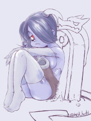 Rule 34 | 1girl, 2017, areola slip, blue background, blue hair, blue skin, breasts, colored skin, detached sleeves, exposed bone, frown, grave, hair over one eye, highres, leviathan (skullgirls), looking at viewer, mtk hoshi, red eyes, side ponytail, sideboob, sitting, skullgirls, solo, spot color, squigly (skullgirls), stitched mouth, stitches, thighhighs, zombie