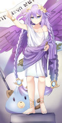 Rule 34 | 1girl, ancient greek clothes, bare shoulders, barefoot, bimmy, blue eyes, bracelet, braid, chiton, closed mouth, dogoo, feet, fire emblem, flag, greco-roman clothes, hair between eyes, hair flaps, headgear, highres, jewelry, laurel crown, long hair, neptune (series), nintendo, outstretched arm, pointing, power symbol-shaped pupils, purple hair, purple heart (neptunia), simple background, smile, symbol-shaped pupils, toes, toga, twin braids, white background