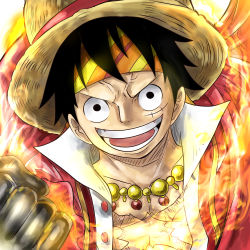 Rule 34 | 1boy, absurdres, bad id, bad pixiv id, black eyes, black hair, fire, happy, hat, highres, jewelry, looking at viewer, male focus, monkey d. luffy, necklace, oda eiichirou (style), official style, one piece, open mouth, parody, scar, sharumon, short hair, smile, solo, straw hat, style parody