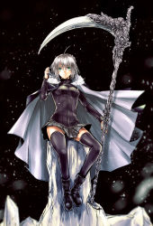 Rule 34 | 1girl, ahoge, ankle boots, bad id, bad pixiv id, black footwear, black thighhighs, blurry, boots, breasts, cape, depth of field, fate (series), full body, fur trim, gray (fate), green eyes, grey hair, grey skirt, hair between eyes, holding, holding weapon, long sleeves, looking at viewer, lord el-melloi ii case files, miniskirt, night, night sky, outdoors, plaid, plaid skirt, pleated skirt, ribbed sweater, rock, scythe, short hair, sitting, skirt, sky, snow, snowing, solo, sweater, thighhighs, turtleneck, ty 1865, weapon, zettai ryouiki