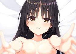 Rule 34 | 1girl, aria (koiiroharemoyou), bed sheet, black hair, blurry, blush, breasts, cafe stella to shinigami no chou, close-up, closed mouth, collarbone, commentary, completely nude, depth of field, earrings, eyelashes, foreshortening, hair between eyes, hair down, highres, incoming hug, jewelry, long hair, looking at viewer, lying, medium breasts, nipples, nude, on back, parted bangs, pov, reaching, reaching towards viewer, shiki natsume, smile, solo, straight-on, stud earrings, sweatdrop, yellow eyes