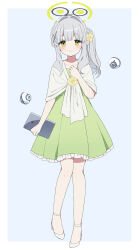 Rule 34 | 1girl, absurdres, alternate costume, blue archive, blush, closed mouth, collarbone, cross hair ornament, dress, drone, frilled dress, frills, green dress, green eyes, grey hair, hair ornament, halo, hare (blue archive), high heels, highres, holding, holding tablet pc, long hair, looking at viewer, mochigome (ununquadium), ponytail, smile, solo, tablet pc, white footwear