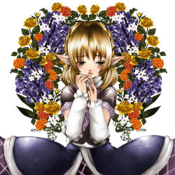 Rule 34 | 1girl, arm warmers, bad id, bad pixiv id, blonde hair, female focus, floral background, flower, geike, green eyes, mizuhashi parsee, pointy ears, rose, scarf, short hair, solo, tears, touhou, yellow flower, yellow rose