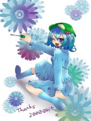Rule 34 | 1girl, ;d, blush, boots, female focus, flat cap, flower, full body, hair bobbles, hair ornament, hat, kawashiro nitori, kuzumiya yuyu, long sleeves, one eye closed, open mouth, rubber boots, screwdriver, simple background, sitting, smile, solo, touhou, twintails, two side up, white background