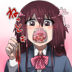 Rule 34 | 1girl, bernin, blood, blush, brown eyes, cannibalism, castration, eyes visible through hair, facing viewer, gradient background, guro, hetero, long hair, looking at viewer, lower teeth only, open mouth, original, red hair, saliva, school uniform, severed testicles, simple background, solo, teeth, testicles, upper body, upper teeth only