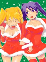 Rule 34 | 2girls, alternate eye color, alternate hair color, artist request, blonde hair, blush, breasts, christmas, cleavage, clenched hand, closed eyes, collarbone, dress, facial mark, facing another, genderswap, genderswap (mtf), green background, hand up, happy, jacket, large breasts, laughing, long hair, long sleeves, looking at another, matching hair/eyes, multiple girls, naruko (naruto), naruto, naruto (series), open mouth, purple eyes, purple hair, red dress, red legwear, santa costume, santa dress, sasuko, sexy no jutsu, simple background, smile, snow, snowing, standing, teeth, thighhighs, tongue, twintails, uchiha sasuke, uzumaki naruto, walking, whisker markings, whiskers