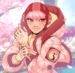Rule 34 | 1girl, absurdres, alternate color, apex legends, black eyes, blurry, blurry background, bodysuit, bright pupils, cherry blossoms, facial scar, highres, hood, hooded jacket, jacket, lichtenberg figure, lila (lilakeylk), olympus (apex legends), parted lips, pink bodysuit, pink hair, pink headwear, pink jacket, pink theme, ribbed bodysuit, scar, scar on cheek, scar on face, smile, solo, wattson (apex legends), white pupils