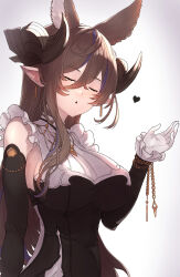 Rule 34 | 1girl, absurdres, animal ears, bare shoulders, black dress, black sleeves, breasts, brown hair, closed eyes, commentary request, detached sleeves, dress, extra ears, frilled sleeves, frills, galleon (granblue fantasy), granblue fantasy, hair between eyes, highres, horns, impossible clothes, impossible dress, large breasts, long hair, multicolored hair, open mouth, pointy ears, sidelocks, streaked hair, yu mochi (kamiinu)