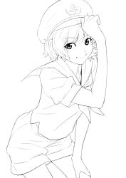 Rule 34 | 1girl, face, female focus, greyscale, hand on headwear, hand on thigh, hat, hat tip, leaning forward, lineart, monochrome, murasa minamitsu, sailor, sailor hat, shiba itsuki, short hair, shorts, simple background, smile, solo, touhou, white background