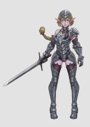 Rule 34 | 1girl, absurdres, arm at side, armor, armored boots, belt, black thighhighs, blonde hair, blue eyes, boots, braid, breastplate, breasts, brown thighhighs, commentary, detached sleeves, elf, frills, full body, gauntlets, gluteal fold, greaves, grey background, grey thighhighs, hair between eyes, helmet, highres, holding, holding sword, holding weapon, long hair, looking at viewer, original, pointy ears, red ribbon, ribbon, serious, short hair with long locks, shoulder armor, simple background, single bare shoulder, single braid, solo, standing, sword, thigh boots, thighhighs, weapon, xue qi ye (dndtmbdue)