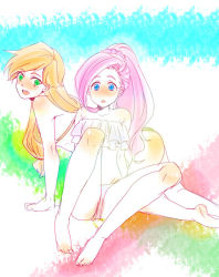 Rule 34 | 2girls, all fours, applejack, bare shoulders, barefoot, bikini, blush, fluttershy, freckles, green eyes, long hair, low-tied long hair, multiple girls, my little pony, my little pony: friendship is magic, orange hair, personification, pink hair, ponytail, swimsuit, tareme, tate-ya, twintails