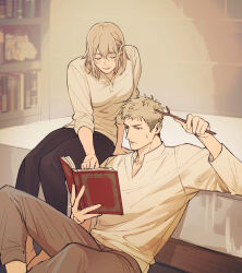 Rule 34 | 1boy, 1girl, bed, bed frame, black pants, blonde hair, book, bookshelf, breasts, brick wall, brother and sister, brown pants, chengzhineixihuanxiaogou, closed eyes, dungeon meshi, falin touden, frown, highres, holding, holding book, holding stick, laios touden, leaning forward, mattress, medium breasts, medium hair, open book, pants, pointing, reading, shirt, short hair, siblings, sitting, stick, sweatdrop, teaching, white shirt, yellow eyes