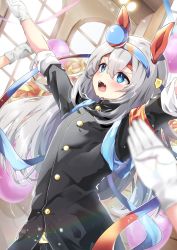 Rule 34 | 1girl, absurdres, alternate costume, animal ears, arms up, balloon, black jacket, blue eyes, blurry, blurry foreground, blush, buttons, gloves, grey hair, hair between eyes, hairband, headband, highres, horse ears, indoors, jacket, kotobumi mugina, long hair, open mouth, ouendan, out of frame, outstretched arms, people, pom pom (cheerleading), sleeves rolled up, spread arms, standing, streamers, sweat, tamamo cross (umamusume), umamusume, v-shaped eyebrows, white gloves, window
