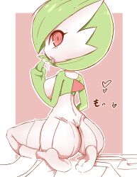 1girl akatosh_el_shota_furro arm_at_side ass ass_focus border breast_press breasts colored_skin creatures_(company) dress eyelashes female_focus from_behind full_body game_freak gardevoir gen_3_pokemon green_hair green_skin highres huge_ass large_breasts looking_at_viewer looking_back middle_finger multicolored_skin nintendo open_mouth pink_background pokemon pokemon_(creature) profile red_eyes saliva saliva_trail short_hair simple_background sitting solo tongue tongue_out two-tone_skin wariza white_border white_dress white_skin