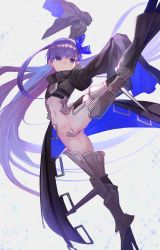 Rule 34 | 10s, 1girl, armor, armored boots, belt, blue ribbon, boots, crotch plate, fate/extra, fate/extra ccc, fate (series), hair ribbon, highres, lack, long hair, long sleeves, meltryllis (fate), navel, puffy long sleeves, puffy sleeves, purple eyes, purple hair, revealing clothes, ribbon, simple background, smile, solo, spikes, stomach, thighhighs, very long hair, white background