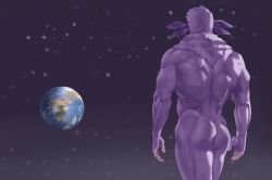 Rule 34 | 1boy, ass, colored skin, completely nude, earth (planet), facing away, from behind, fur trim, gradient background, highres, iskanderednaksi, luntik, luntik and his frends, male focus, muscular, muscular male, nude, planet, purple skin, short hair, space, toon (style)