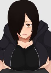 Rule 34 | 1boy, 1girl, bags under eyes, black hair, blush, breasts, breasts squeezed together, brown eyes, cleavage, collarbone, hair over one eye, hetero, highres, hood, hoodie, huge breasts, implied paizuri, long hair, long sleeves, looking at viewer, nao (ritsancrossover), open clothes, open hoodie, original, pai-chan (nao (ritsancrossover)), paizuri, paizuri under clothes, parted lips, pov, pov crotch, smile, solo focus
