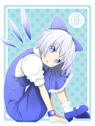 Rule 34 | circled 9, 1girl, blue eyes, blue hair, blush, bow, cirno, dress, face, hair bow, mary janes, matching hair/eyes, open mouth, shoes, short hair, solo, embodiment of scarlet devil, touhou, uta (kuroneko), wings, wristband