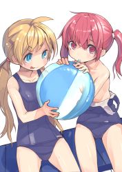 Rule 34 | 2girls, :p, ball, beachball, blonde hair, blowing, blue eyes, clothes pull, collarbone, multiple girls, one-piece swimsuit, one-piece swimsuit pull, original, red eyes, red hair, school swimsuit, shindou kamichi, swimsuit, tongue, tongue out, twintails