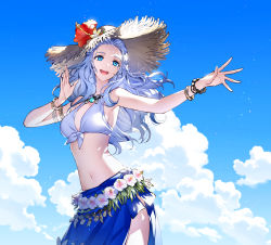 Rule 34 | 1girl, :d, alternate costume, armlet, bare shoulders, bikini, bikini top only, black collar, blue bikini, blue eyes, blue hair, blue sarong, blue sky, bracelet, cloud, collar, commentary request, contemporary, cowboy shot, day, final fantasy, final fantasy xiv, flower, flower necklace, from side, front-tie bikini top, front-tie top, hands up, hat, hat flower, hibiscus, highres, jewelry, korean commentary, lei, light particles, long hair, looking ahead, midriff, navel, open mouth, outdoors, outstretched arm, sarong, side slit, signature, sky, smile, solo, standing, straw hat, swimsuit, twitter username, venat (ff14), white flower, wild5lee