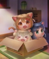 Rule 34 | &gt; &lt;, 10s, 3girls, :d, animal ears, black hair, blurry, box, brown eyes, brown hair, cardboard box, cat ears, cat tail, chibi, dej (shiori2525), depth of field, closed eyes, green eyes, hair ornament, hairclip, highres, in box, in container, long hair, looking at viewer, maa (nyanko days), multiple girls, nyanko days, open mouth, rou (nyanko days), shii (nyanko days), shiori2525, short hair, silver hair, smile, tail