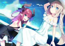 Rule 34 | 10s, 2girls, :d, ameshizuku natsuki, backless dress, backless outfit, bare shoulders, black dress, blue eyes, blue sky, blush, closed mouth, cloud, cloudy sky, commentary request, curled horns, day, dragon horns, dress, elizabeth bathory (fate), elizabeth bathory (fate/extra ccc), elizabeth bathory (first ascension) (fate), fang, fate/extra, fate/extra ccc, fate/grand order, fate (series), flower, hair between eyes, hair ornament, hair ribbon, hat, horizon, horns, leaning forward, light brown hair, long hair, looking at viewer, looking to the side, marie antoinette (fate), marie antoinette (fate/grand order), marie antoinette (swimsuit caster) (fate), marie antoinette (swimsuit caster) (second ascension) (fate), multiple girls, ocean, off-shoulder dress, off shoulder, on railing, open mouth, outdoors, pink hair, pleated dress, purple ribbon, railing, ribbon, shell hair ornament, short dress, sitting, sky, smile, standing, starfish hair ornament, twintails, two side up, very long hair, water, white dress, white flower, white hat