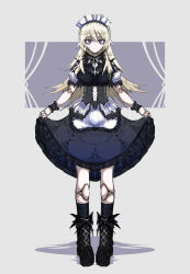 Rule 34 | 1girl, absurdres, alice (black souls), black dress, black footwear, black socks, black souls, blonde hair, blue eyes, boots, bright pupils, closed mouth, corset, cross, curtsey, doll joints, dress, expressionless, frilled cuffs, full body, highres, inverted cross, joints, kneehighs, koshou shou mitsu, latin cross, long hair, looking at viewer, maid headdress, short sleeves, simple background, sketch, skirt hold, socks, solo, standing, two-tone background, white pupils
