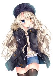 Rule 34 | 1girl, :o, beanie, black coat, black hat, blue eyes, blue skirt, blush, brown hair, brown thighhighs, coat, commentary request, cowboy shot, denim, denim skirt, fur trim, hand up, hat, heterochromia, long hair, long sleeves, looking at viewer, luca (nogi takayoshi), miniskirt, nogi takayoshi, open clothes, open coat, orange eyes, original, parted lips, shirt, simple background, skirt, solo, standing, striped clothes, striped shirt, thighhighs, very long hair, wavy hair, white background, white shirt, zettai ryouiki