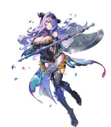Rule 34 | 1girl, black panties, black thighhighs, breasts, camilla (fire emblem), camilla (resplendent) (fire emblem), cleavage, damaged, fake horns, fire emblem, fire emblem fates, fire emblem heroes, full body, gloves, gomashio ponz, hair over one eye, highres, horns, large breasts, long hair, nintendo, non-web source, official alternate costume, official art, panties, purple eyes, purple gloves, purple hair, solo, thighhighs, thighs, torn clothes, torn thighhighs, underwear, wavy hair, white background