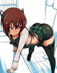 Rule 34 | 10s, 1boy, 1girl, admiral (kancolle), arched back, arm support, artist request, ass, bad id, bad twitter id, bent over, bike shorts, breasts, brown eyes, brown hair, hair between eyes, headgear, kantai collection, looking back, muneate, nac000, personification, pleated skirt, presenting, shiny skin, short hair, shorts, shorts under skirt, skirt, small breasts, solo focus, taihou (kancolle), thighhighs, tsurime