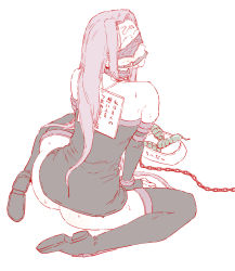 Rule 34 | 1girl, animal collar, arm support, ass, bdsm, blindfold, boots, bridal gauntlets, chain, collar, elbow gloves, facial mark, fate/stay night, fate (series), pet bowl, forehead mark, gag, gloves, long hair, medusa (fate), medusa (rider) (fate), mo (kireinamo), monochrome, sign, simple background, sitting, solo, sweat, thigh boots, thighhighs, translation request, wariza, white background