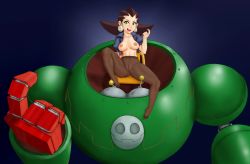 Rule 34 | 1girl, breasts, breasts out, brown hair, brown pantyhose, capcom, cleft of venus, collaboration, crotch seam, earrings, fat mons, feet, green eyes, highres, jewelry, lm (legoman), medium breasts, mega man (series), mega man legends (series), naughty face, navel, nipples, no bra, no panties, open clothes, open mouth, open shirt, pantyhose, presenting, pussy, robot, shirt, sitting, solo, soubriquetrouge, toes, tron bonne (mega man), uncensored