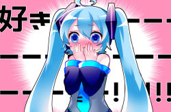 Rule 34 | 1girl, ahoge, bare shoulders, black skirt, black sleeves, blue eyes, blue hair, blue necktie, blush, chibi, covering own mouth, detached sleeves, grey shirt, hair ornament, hand over own mouth, hatsune miku, headphones, headset, long hair, necktie, pink background, shirayuki towa, shirt, skirt, sleeveless, sleeveless shirt, solo, surprised, symbol in eye, translated, twintails, upper body, very long hair, vocaloid
