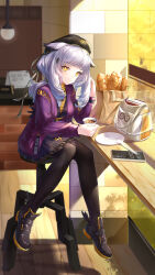 Rule 34 | 1girl, absurdres, animal ears, arknights, armband, bag, baguette, black dress, black footwear, black hat, black pantyhose, bread, cardigan, clock necklace, coffee, commentary, commentary request, cup, dress, english commentary, feather hair, food, hair ornament, hat, hat ribbon, highres, holding, holding cup, indoors, infection monitor (arknights), jacket, ji bu qing ziji-bottle, long hair, long sleeves, looking at viewer, mixed-language commentary, official alternate costume, open clothes, orange eyes, owl girl, pantyhose, ponytail, ptilopsis (arknights), ptilopsis (serenity) (arknights), purple cardigan, purple jacket, rhine lab logo, ribbon, sitting, solo, stool, sweater, turtleneck, white hair