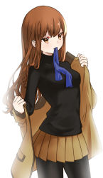 Rule 34 | 1girl, black pantyhose, black sweater, breasts, brown coat, brown eyes, brown hair, brown skirt, coat, code none, cowboy shot, fate/extra, fate (series), highres, kishinami hakuno (female), long hair, long sleeves, medium breasts, miniskirt, mouth hold, open clothes, open coat, pantyhose, pleated skirt, ribbon, ribbon in mouth, simple background, skirt, solo, standing, straight hair, sweater, undressing, white background