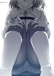 Rule 34 | 1girl, abe inori, black pantyhose, boots, cameltoe, closed mouth, command spell, fate/grand order, fate (series), fujimaru ritsuka (female), greyscale, head out of frame, long sleeves, monochrome, pantyhose, shirt, smile, solo, squatting, thighband pantyhose, twitter username, white footwear, white shirt