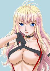 Rule 34 | 00s, 1girl, :p, bandeau, blonde hair, blue eyes, breasts, clothes lift, collar, gloves, large breasts, long hair, macross, macross frontier, misnon the great, nipple slip, nipples, sheryl nome, shirt lift, simple background, solo, strapless, suspenders, tongue, tongue out, tube top, tube top lift