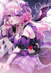 Rule 34 | 1girl, bandaid, bandaid on shoulder, bat wings, belt, black belt, black wings, blush, bow, breasts, cleavage, commission, copyright request, detached sleeves, detached wings, hair bow, heart, heart-shaped pupils, highres, large breasts, long hair, looking at viewer, maria (maria rose), medium breasts, open mouth, pink eyes, pink hair, pink nails, plaid, plaid skirt, purple shirt, purple skirt, shirt, skeb commission, skirt, solo, symbol-shaped pupils, wings