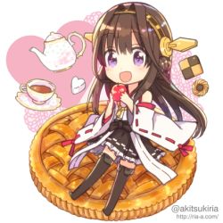 Rule 34 | 1girl, ahoge, akitsuki ria, apple, bare shoulders, black skirt, boots, brown hair, chibi, cookie, cup, detached sleeves, double bun, food, fruit, hair bun, hairband, holding, holding food, holding fruit, kantai collection, kettle, kongou (kancolle), long hair, looking at viewer, lowres, nontraditional miko, pie, pleated skirt, purple eyes, skirt, solo, tea, teacup, thigh boots, thighhighs, thumbprint cookie, twitter username, watermark, web address