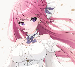 Rule 34 | 1girl, absurdres, bare shoulders, breasts, choker, cleavage, closed mouth, collarbone, commentary request, detached sleeves, dorothy (nikke), dress, frilled dress, frills, goddess of victory: nikke, hair bun, hair ribbon, highres, large breasts, long hair, looking at viewer, pink hair, purple choker, purple eyes, purple ribbon, ribbon, sidelocks, simple background, single side bun, sleeveless, sleeveless dress, smile, solo, standing, swept bangs, upper body, white background, white dress, wind, yuyuchi (gyazaa)
