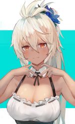 Rule 34 | 1girl, absurdres, armpits, blue flower, blush, breasts, cleavage, dark-skinned female, dark skin, detached collar, flower, frills, gnai, granblue fantasy, hair between eyes, hair flower, hair ornament, heart, heart hands, highres, large breasts, light smile, long hair, looking at viewer, ponytail, red eyes, solo, upper body, white hair, zooey (granblue fantasy)