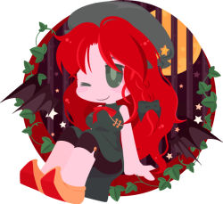 Rule 34 | 1girl, bad id, bad pixiv id, bat wings, beret, bow, braid, chibi, china dress, chinese clothes, dress, full moon, gate, green eyes, hair bow, hat, hong meiling, long hair, moon, natsuno riku, night, one eye closed, outside border, red hair, round image, smile, solo, star (symbol), touhou, wings, wink