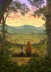 Rule 34 | 10s, 1girl, amayadori machi, barbed wire, bear, black hair, cloud, fence, field, from behind, grass, headband, highres, japanese clothes, kumai natsu, kumamiko, log, long hair, mountain, nature, outdoors, plant, scenery, side-by-side, sitting, sky, sunset, tree