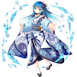 Rule 34 | 1girl, black footwear, blue eyes, blue hair, blue kimono, closed mouth, copyright request, floral print, fujikura ryuune, full body, gradient kimono, japanese clothes, kimono, long hair, long sleeves, looking at viewer, obi, official art, outstretched arm, print kimono, sandals, sash, simple background, smile, snowflakes, solo, tabi, white background, white kimono, white legwear, wide sleeves, zouri