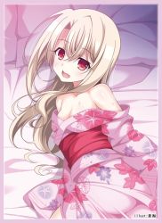 Rule 34 | 1girl, aoi masami, ass, bad id, bad twitter id, bare shoulders, bed, breasts, brown hair, collarbone, fate/kaleid liner prisma illya, fate (series), floral print, from behind, highres, illyasviel von einzbern, japanese clothes, kimono, long hair, looking back, lying, no bra, obi, off shoulder, official alternate costume, on side, open mouth, pillow, red eyes, sash, small breasts, solo, yukata