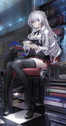 Rule 34 | 1girl, black bow, black bowtie, black footwear, black thighhighs, book, bookshelf, bow, bowtie, cat, chair, closed mouth, commission, cup, dress, edgar allan poe (honkai impact 3rd), ferinosaki, full body, highres, holding, holding cup, honkai (series), honkai impact 3rd, indoors, library, long hair, long sleeves, looking at viewer, petals, red eyes, sitting, solo, thighhighs, tile floor, tiles, white dress, white hair