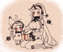 Rule 34 | 10s, 2girls, abyssal ship, box, breasts, dress, flying sweatdrops, gift, gift box, hat, horns, kantai collection, large breasts, md5 mismatch, multiple girls, northern ocean princess, headpat, red eyes, resized, ribbed dress, santa hat, seaport princess, short dress, single horn, yuzuki gao